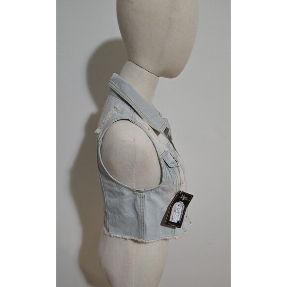 Denim Trucker Style Vest Womens Small Distressed Button Front Sleeveless Y2K New - Picture 15 of 16
